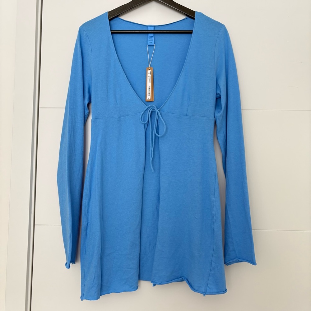 Skims Rare Cotton Jersey Swim Cover-Up Tie Front Long Sleeve Top NWT in Tide - Picture 6 of 10